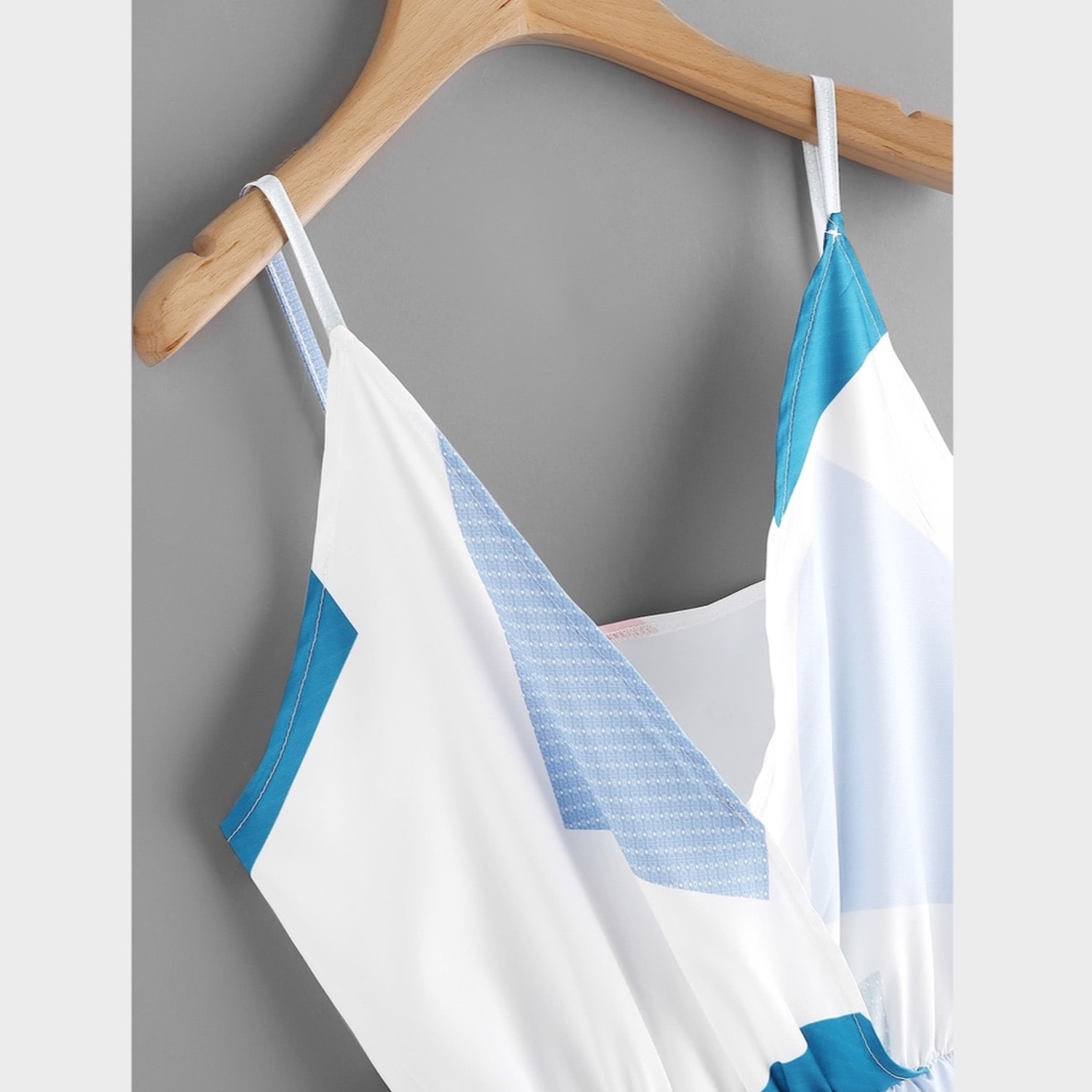 Surplice Cami Geometric Blue Printed Romper - Picture 3 of 6